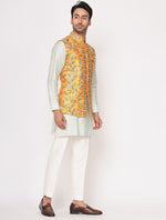 Pista Green Chanderi Silk Kurta with Mustard Raw Silk Jacket Set