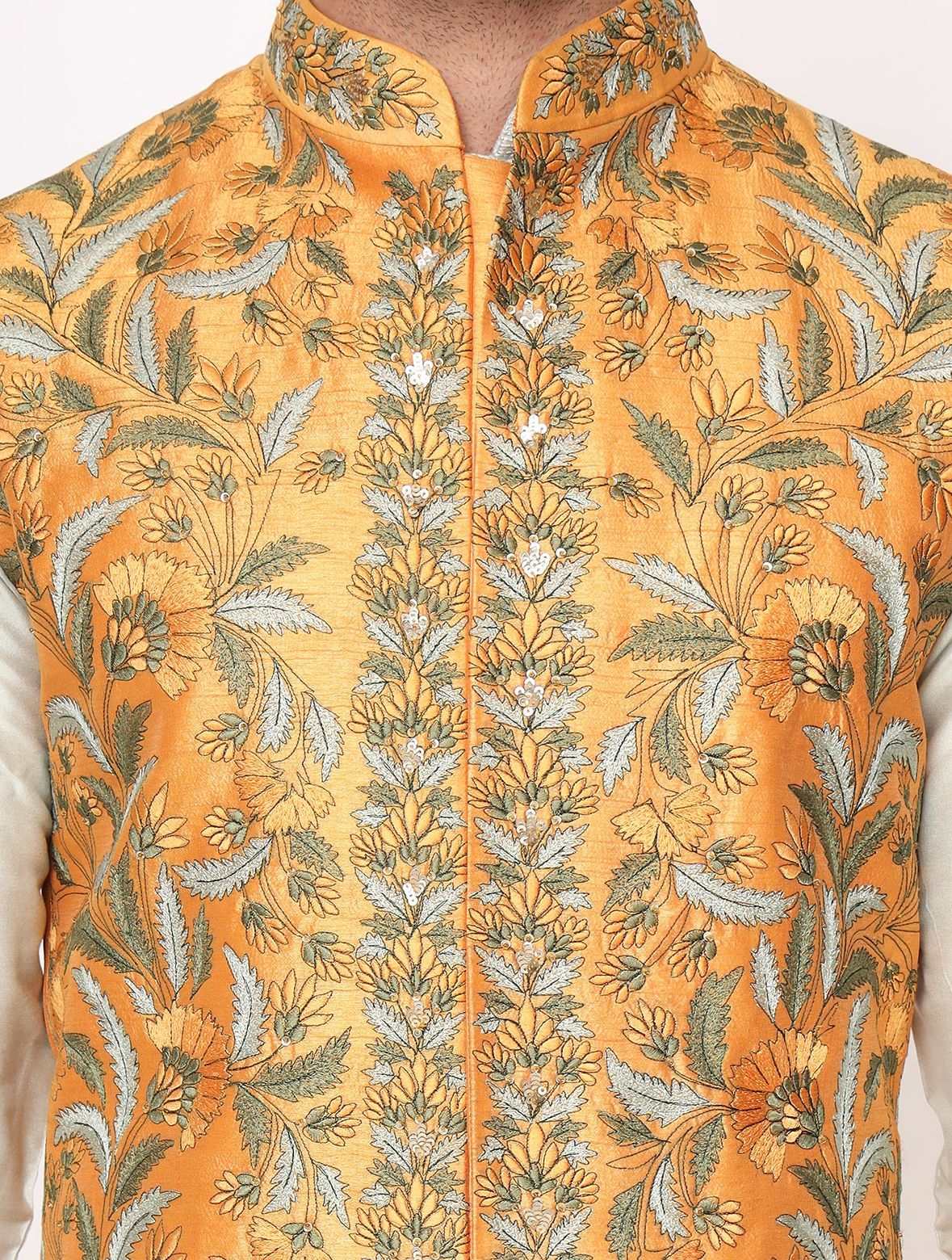 Pista Green Chanderi Silk Kurta with Mustard Raw Silk Jacket Set