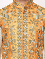 Pista Green Chanderi Silk Kurta with Mustard Raw Silk Jacket Set