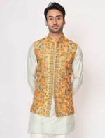 Pista Green Chanderi Silk Kurta with Mustard Raw Silk Jacket Set
