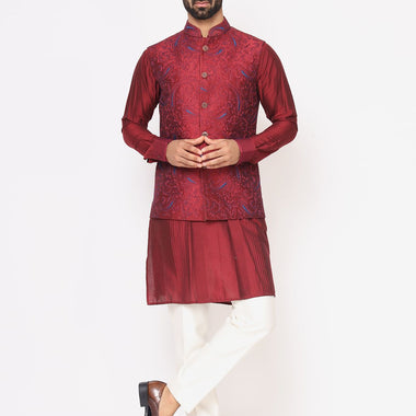 Maroon Silk Kurta with Raw Silk Full Embroidered Jacket Set