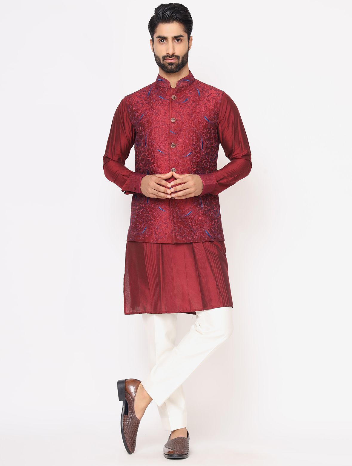 Maroon Silk Kurta with Raw Silk Full Embroidered Jacket Set