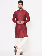 Maroon Silk Kurta with Raw Silk Full Embroidered Jacket Set