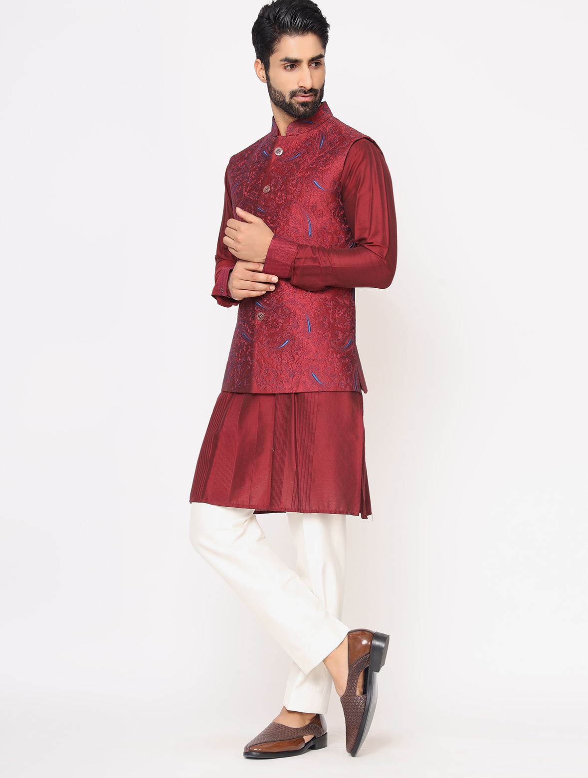 Maroon Silk Kurta with Raw Silk Full Embroidered Jacket Set