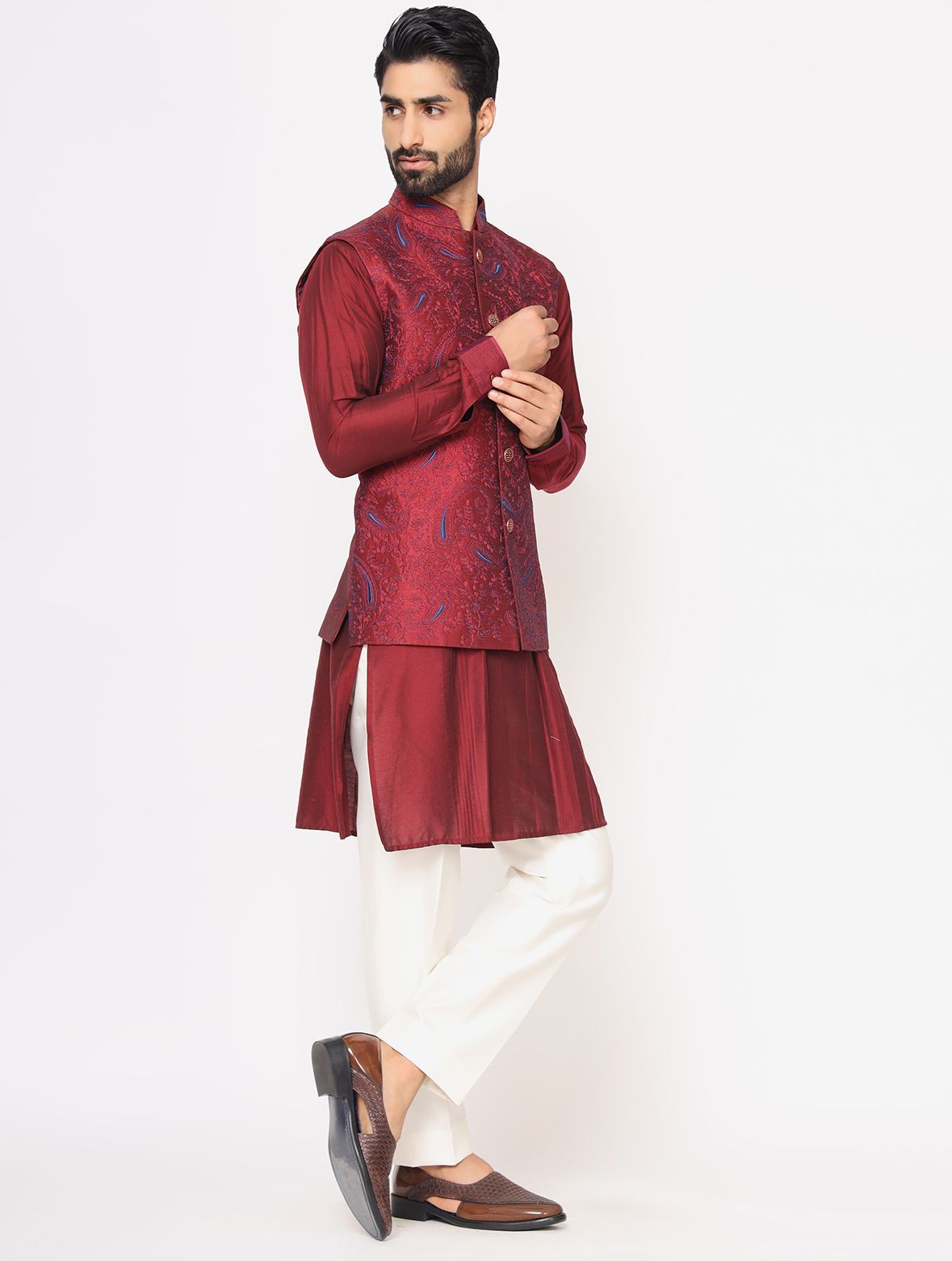 Maroon Silk Kurta with Raw Silk Full Embroidered Jacket Set