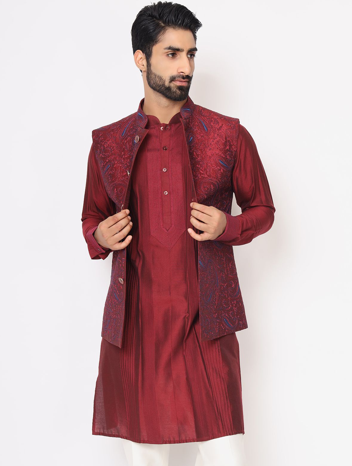 Maroon Silk Kurta with Raw Silk Full Embroidered Jacket Set