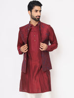 Maroon Silk Kurta with Raw Silk Full Embroidered Jacket Set