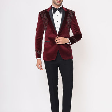 Wine Hand Embroidered Cotton Velvet Tuxedos Suit