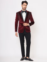 Wine Hand Embroidered Cotton Velvet Tuxedos Suit
