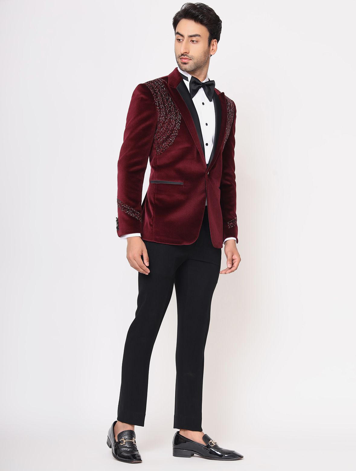Wine Hand Embroidered Cotton Velvet Tuxedos Suit