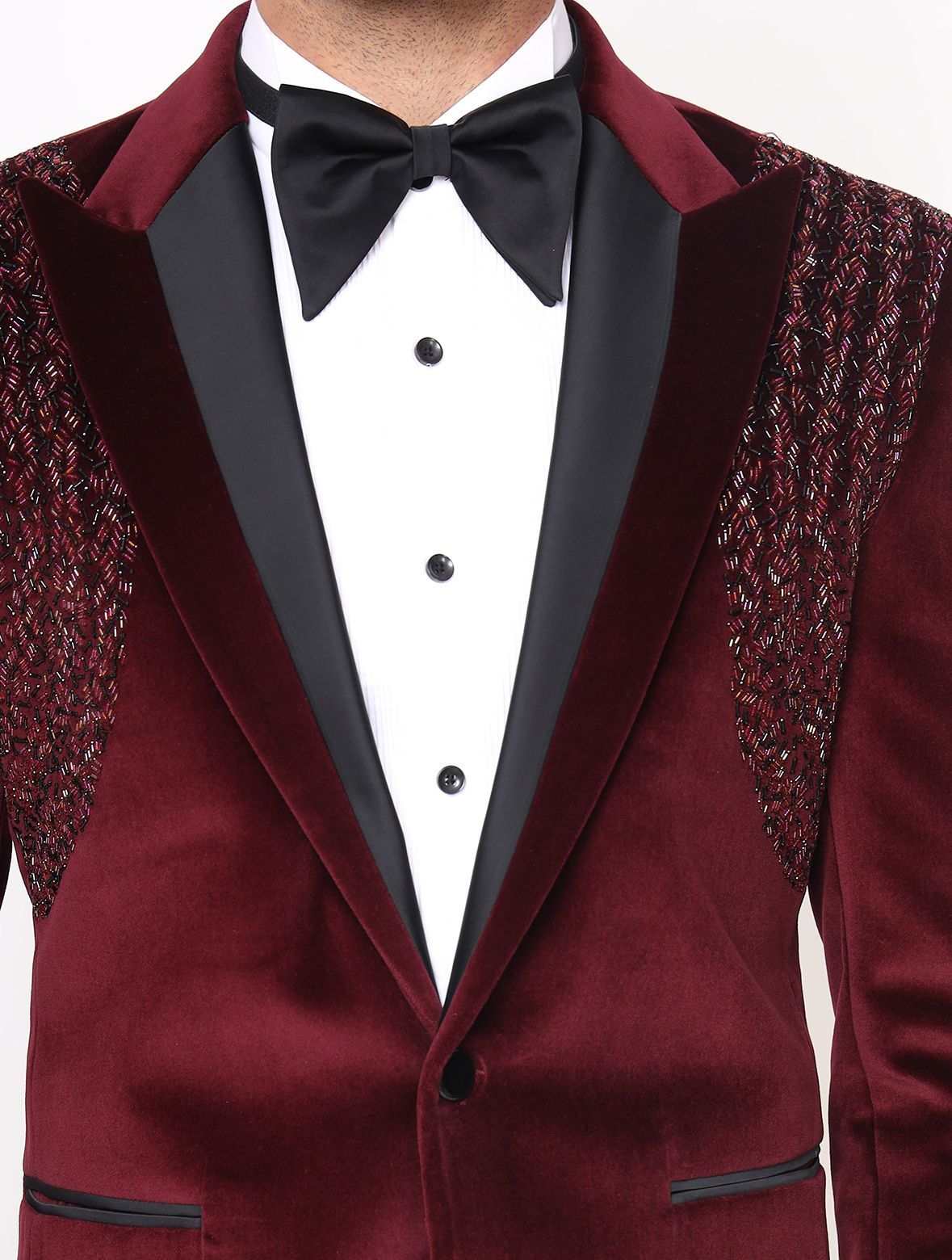 Wine Hand Embroidered Cotton Velvet Tuxedos Suit