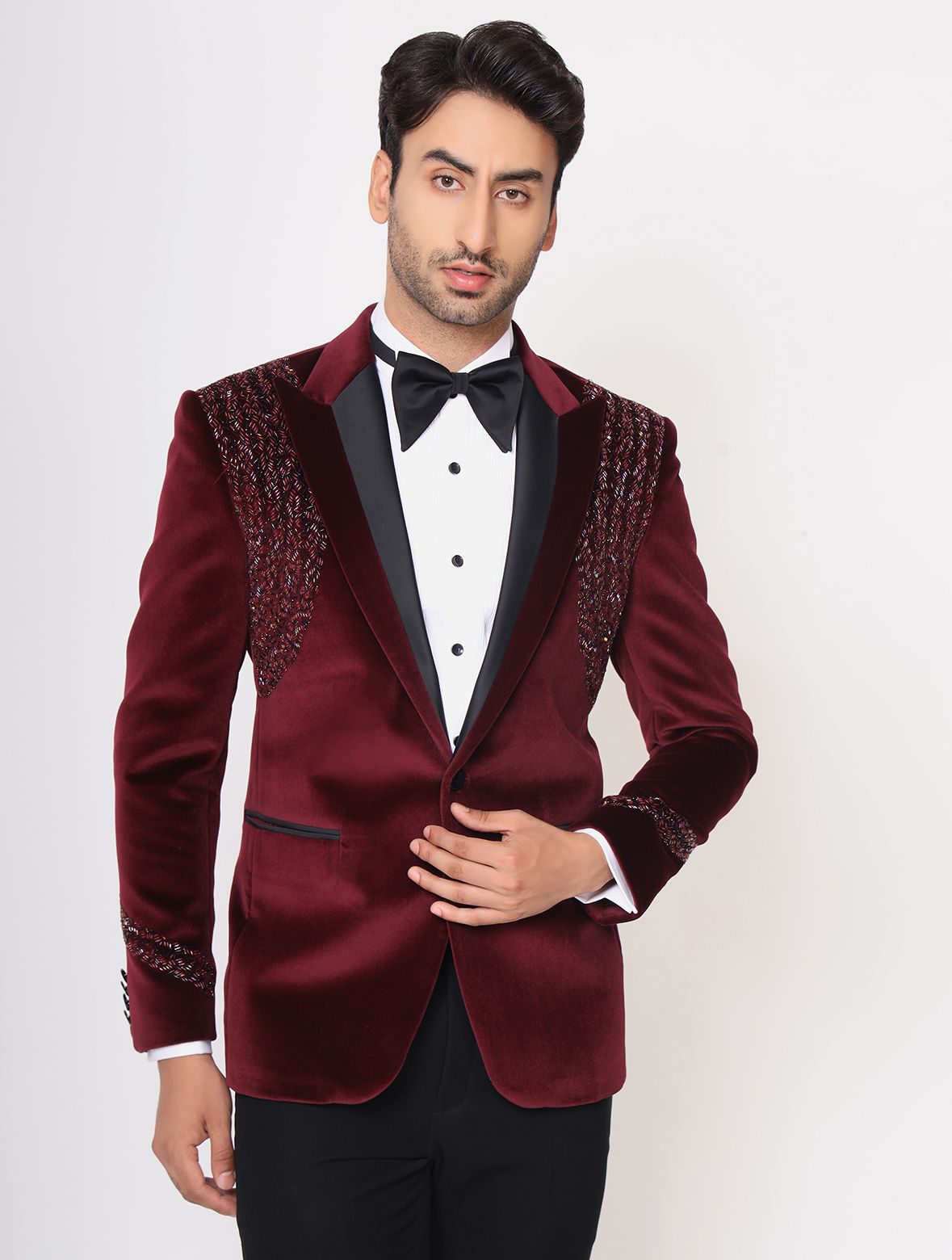 Wine Hand Embroidered Cotton Velvet Tuxedos Suit