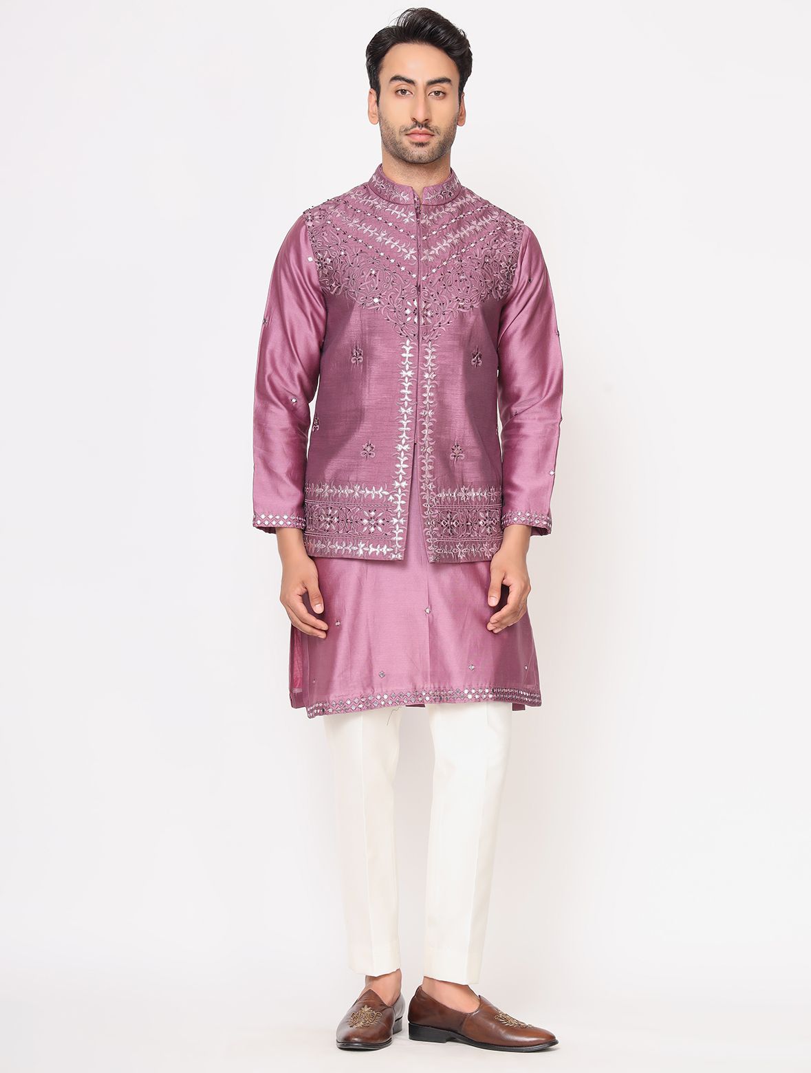 Lilac Chanderi Silk Kurta with Raw Silk Dori Work Jacket Set