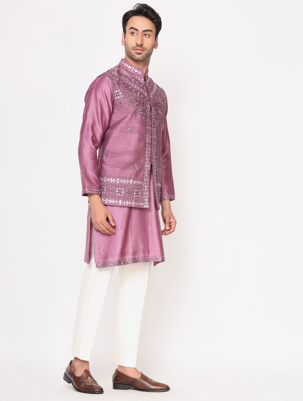 Lilac Chanderi Silk Kurta with Raw Silk Dori Work Jacket Set