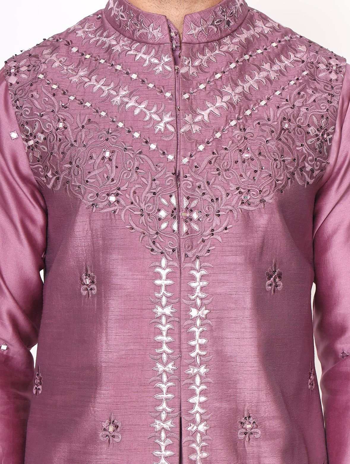 Lilac Chanderi Silk Kurta with Raw Silk Dori Work Jacket Set