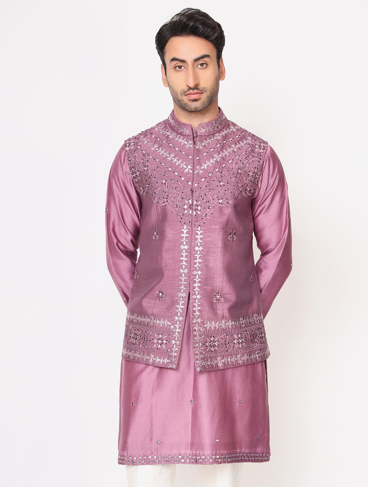 Lilac Chanderi Silk Kurta with Raw Silk Dori Work Jacket Set