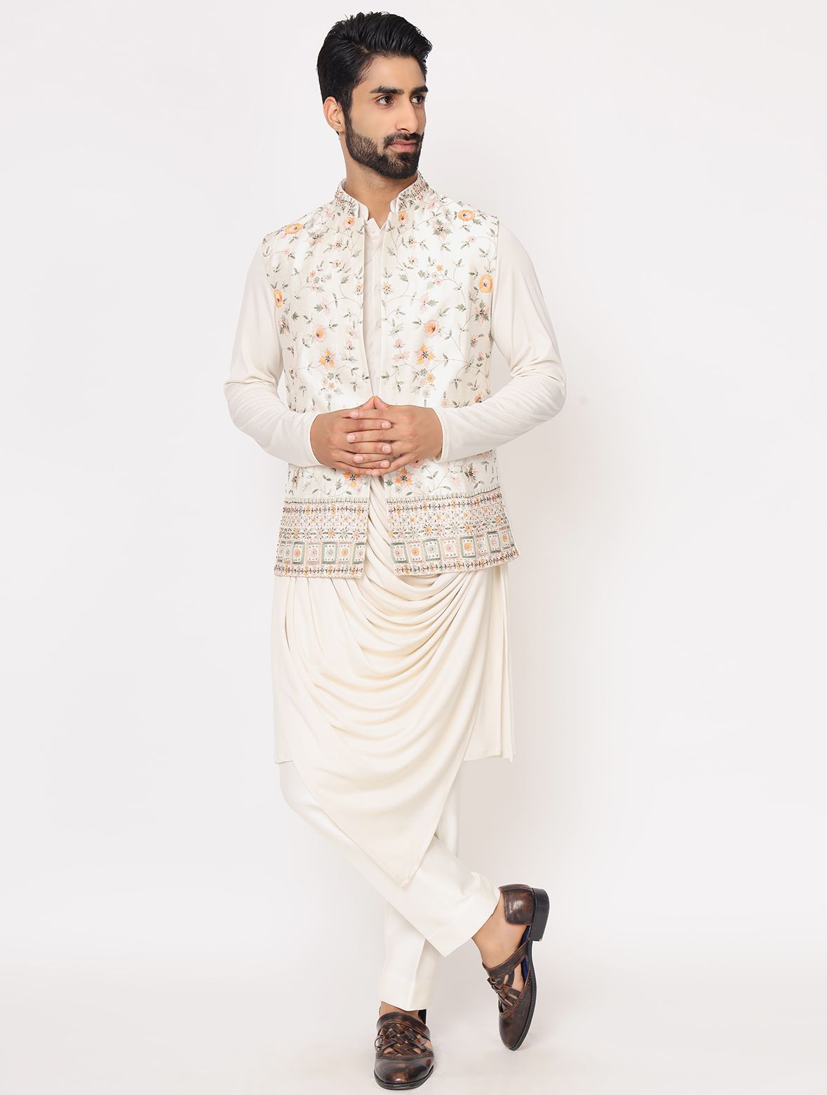 Off White Kurta Drape Style with Raw Silk Floral Jacket Set