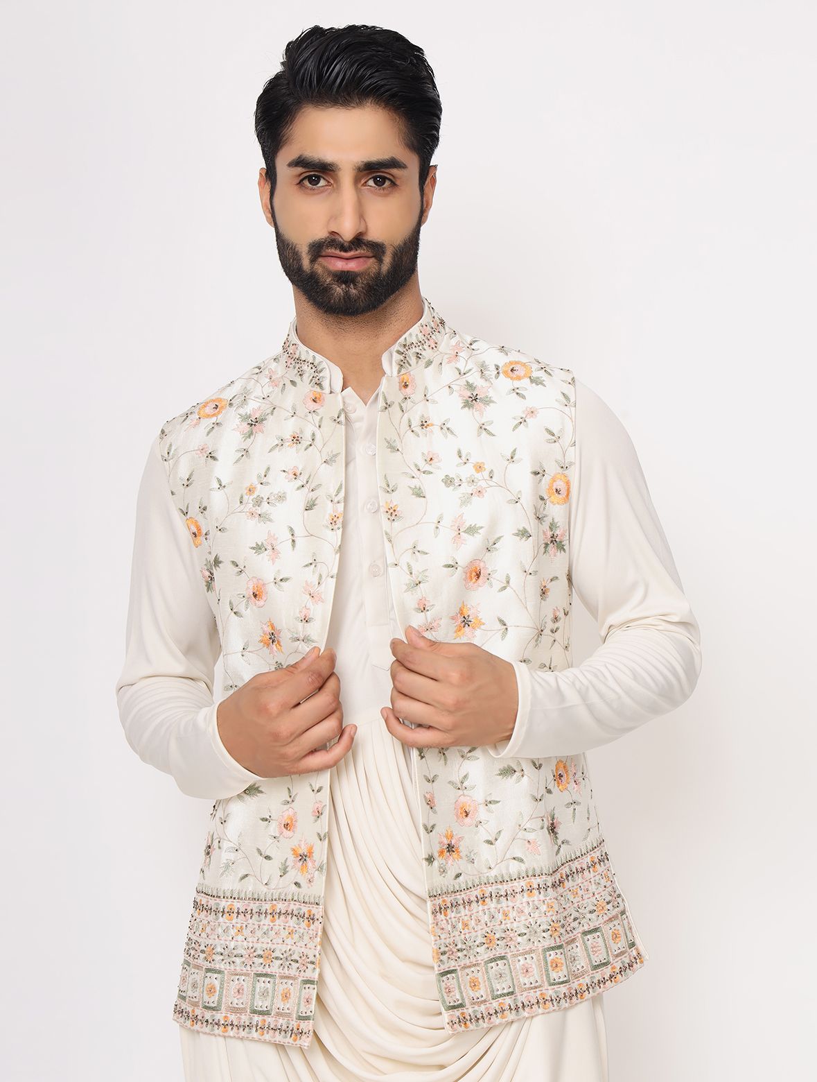 Off White Kurta Drape Style with Raw Silk Floral Jacket Set