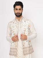 Off White Kurta Drape Style with Raw Silk Floral Jacket Set