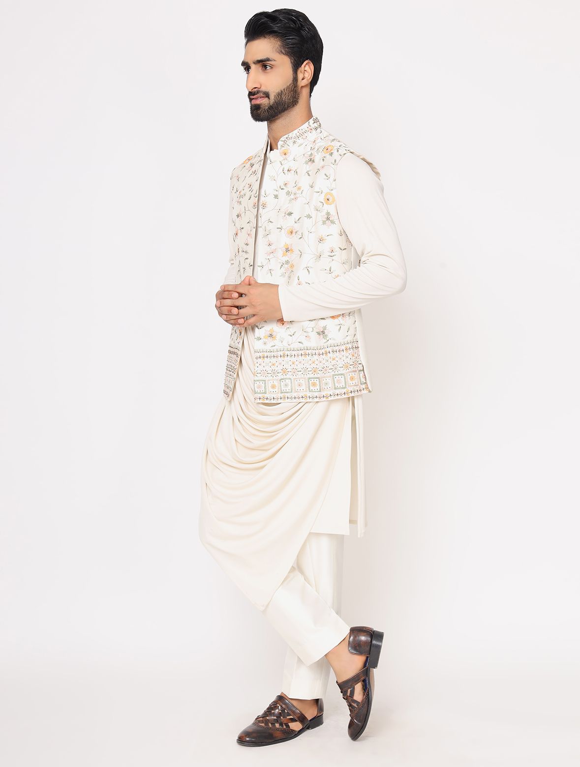 Off White Kurta Drape Style with Raw Silk Floral Jacket Set