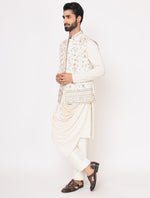 Off White Kurta Drape Style with Raw Silk Floral Jacket Set