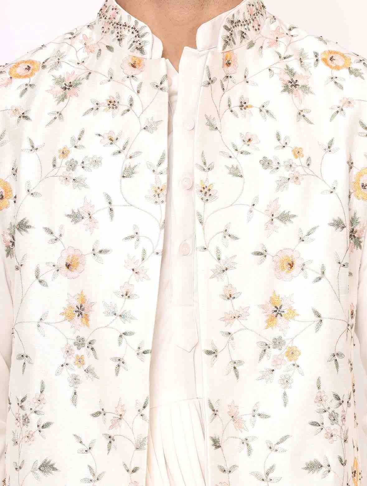 Off White Kurta Drape Style with Raw Silk Floral Jacket Set