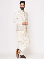 Off White Kurta Drape Style with Raw Silk Floral Jacket Set