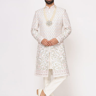 Ivory Pure Raw Silk Embroidered Designer Sherwani Set