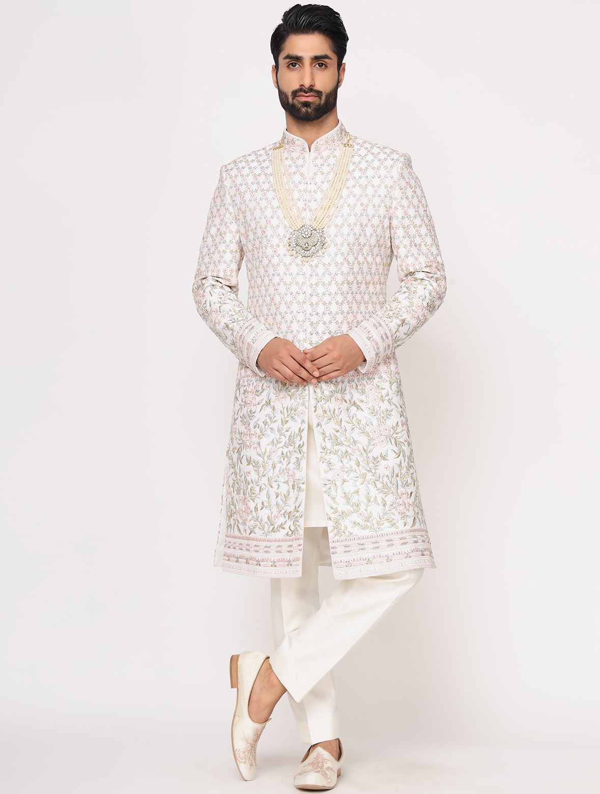 Ivory Pure Raw Silk Embroidered Designer Sherwani Set