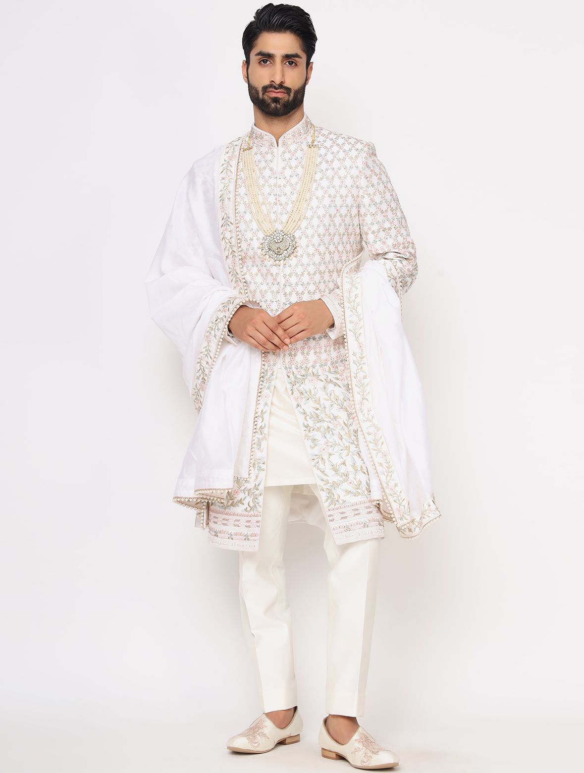 Ivory Pure Raw Silk Embroidered Designer Sherwani Set