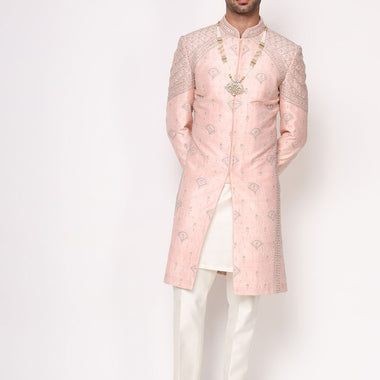 Peach Pure Raw Silk Hand Embroidered Designer Sherwani Set