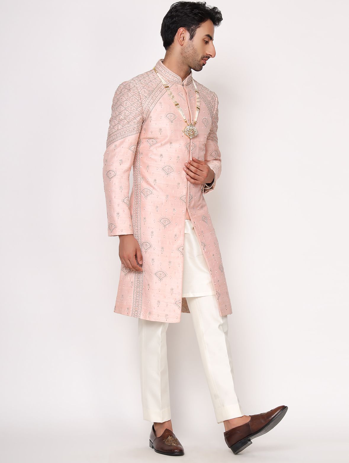 Peach Pure Raw Silk Hand Embroidered Designer Sherwani Set