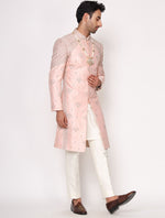 Peach Pure Raw Silk Hand Embroidered Designer Sherwani Set