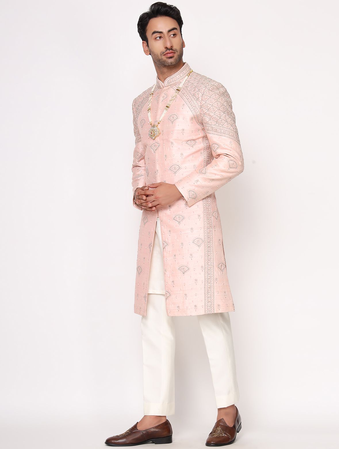 Peach Pure Raw Silk Hand Embroidered Designer Sherwani Set