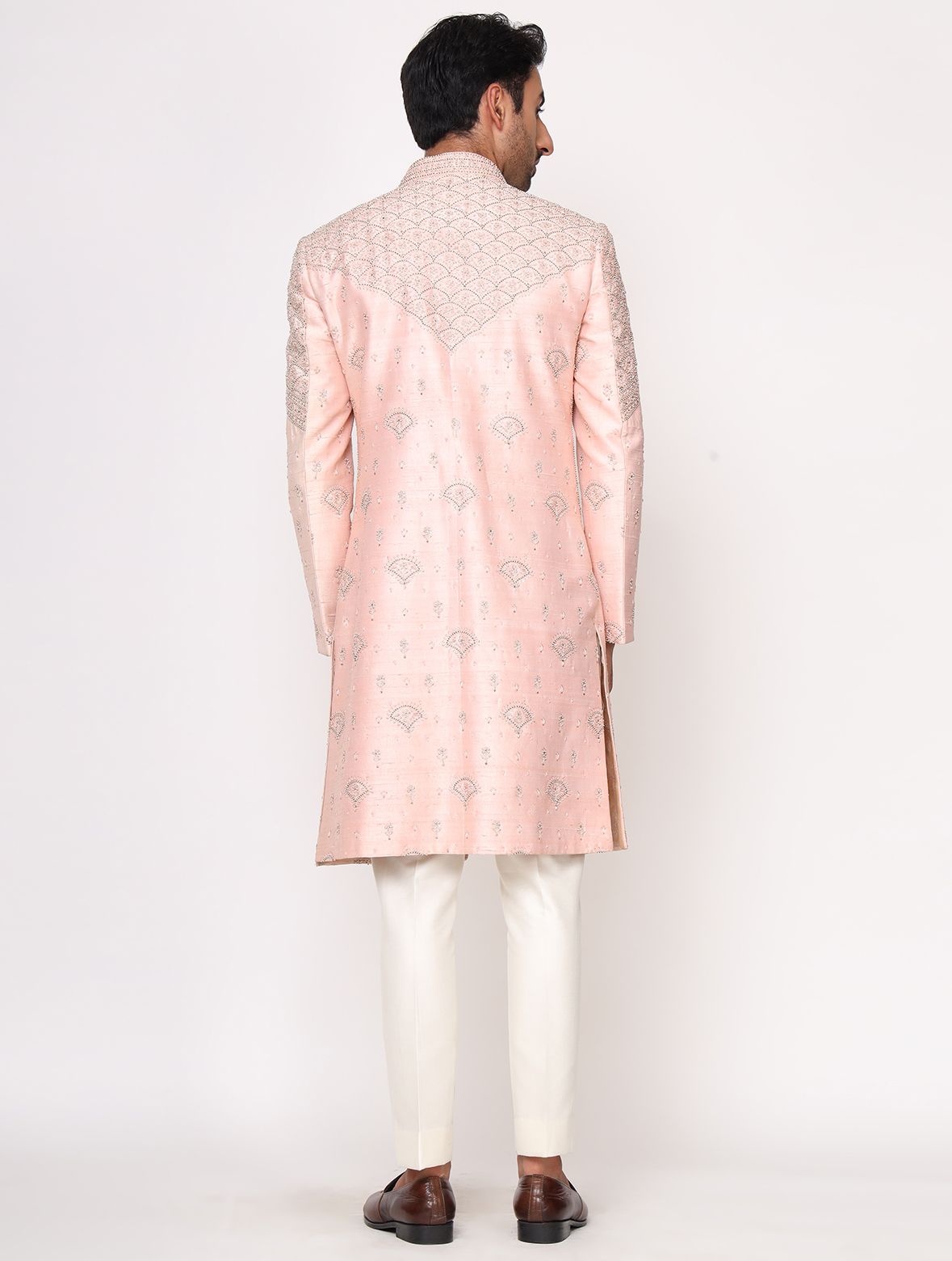 Peach Pure Raw Silk Hand Embroidered Designer Sherwani Set