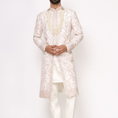 Ivory Pure Silk Hand Embroidered Designer Sherwani Set
