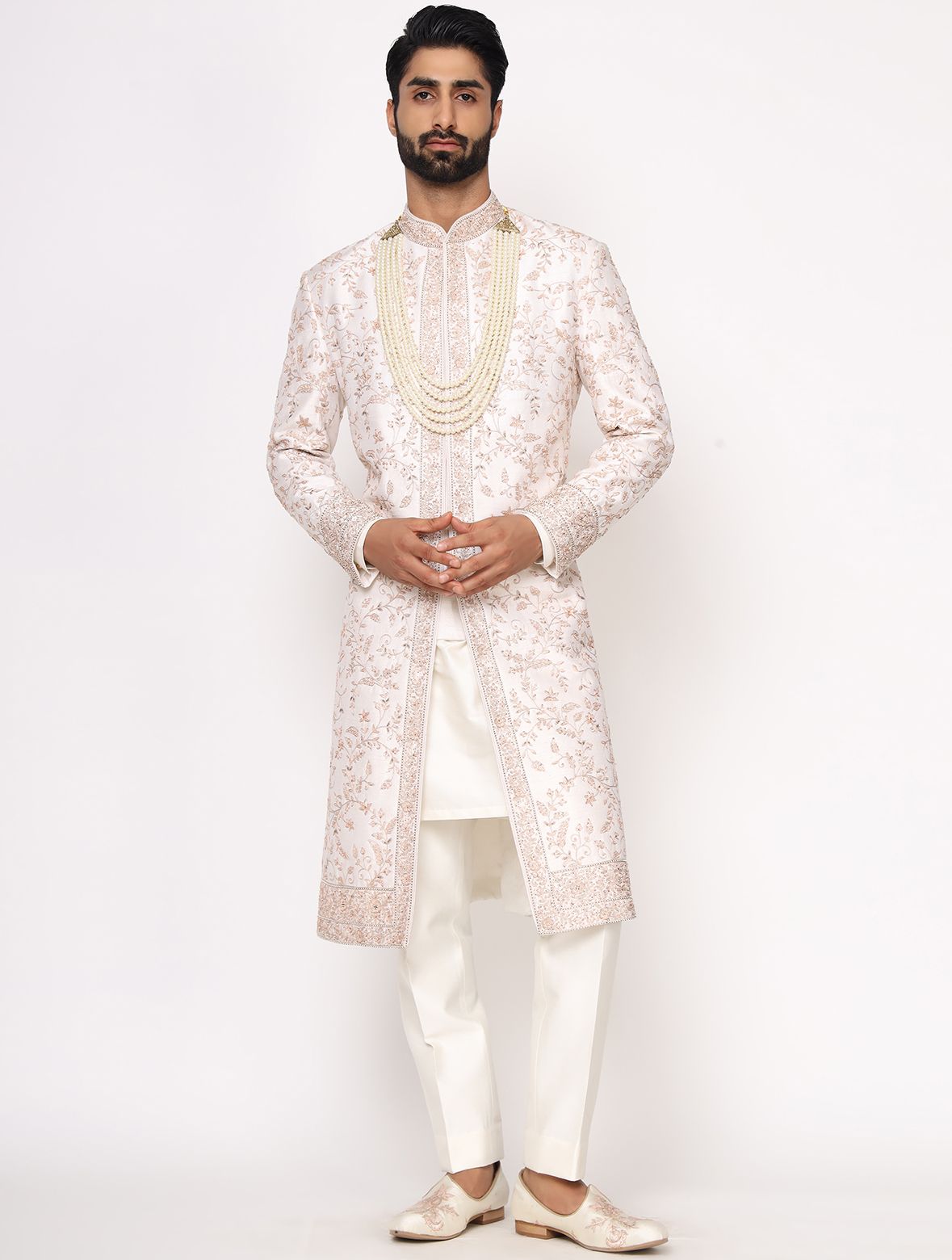 Ivory Pure Silk Hand Embroidered Designer Sherwani Set