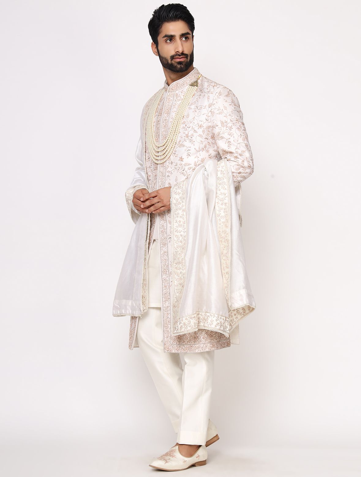 Ivory Pure Silk Hand Embroidered Designer Sherwani Set