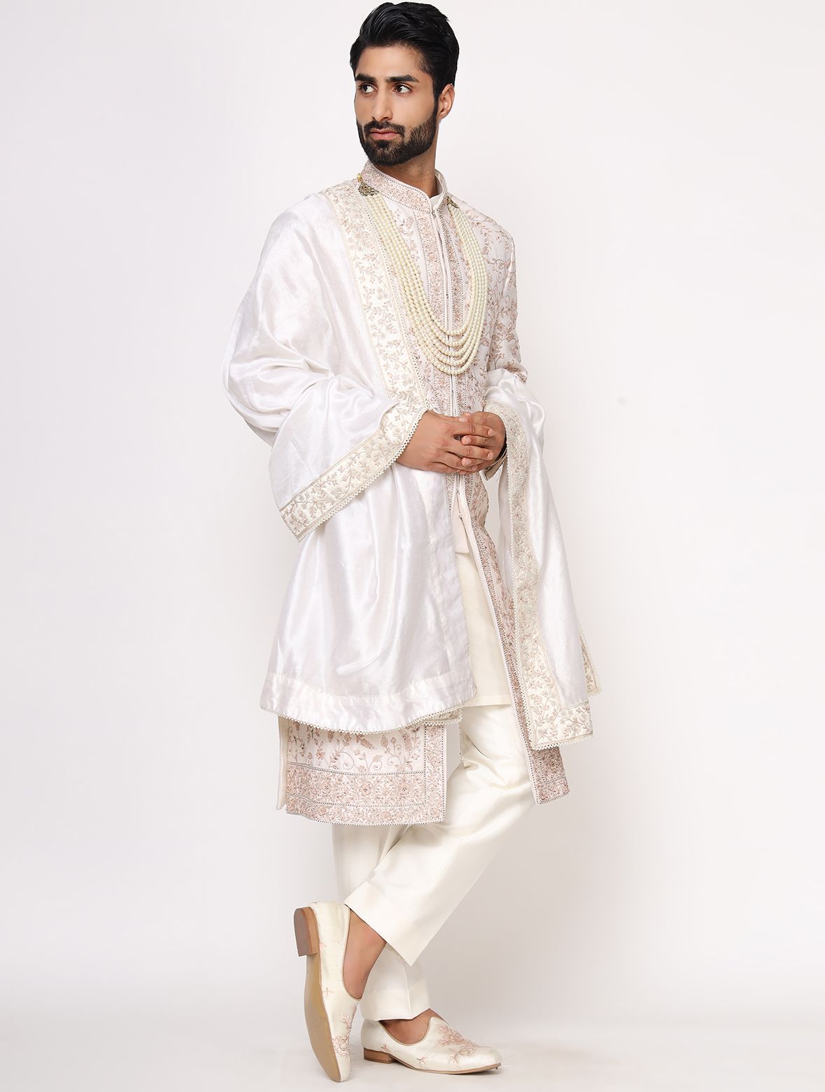 Ivory Pure Silk Hand Embroidered Designer Sherwani Set