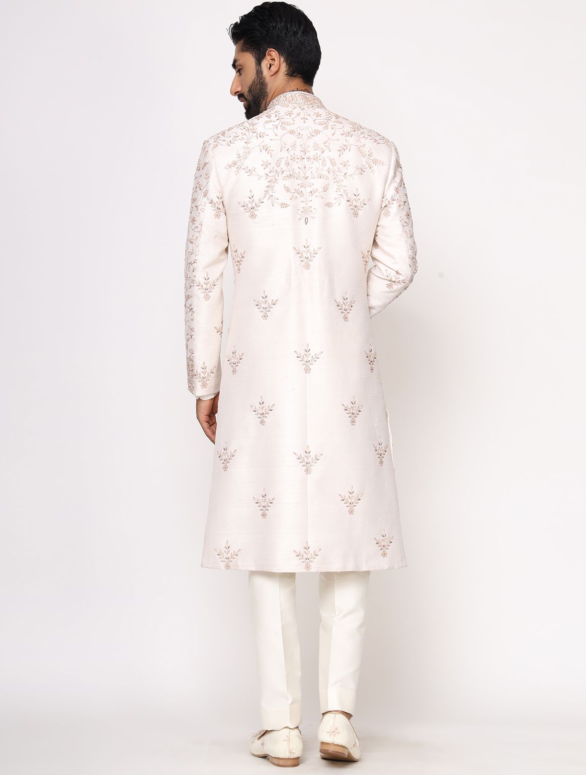 Ivory Pure Silk Hand Embroidered Designer Sherwani Set