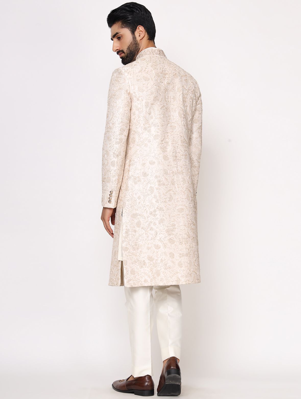 Light Gold Pure Raw Silk Dori Work Designer Sherwani Set
