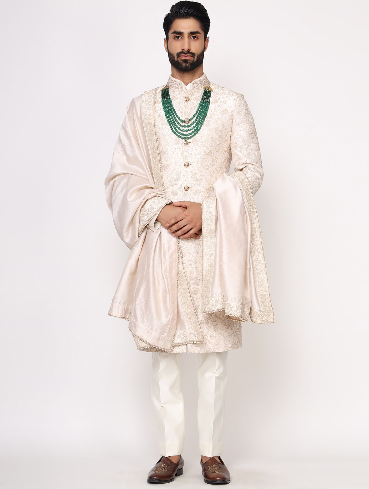 Light Gold Pure Raw Silk Dori Work Designer Sherwani Set
