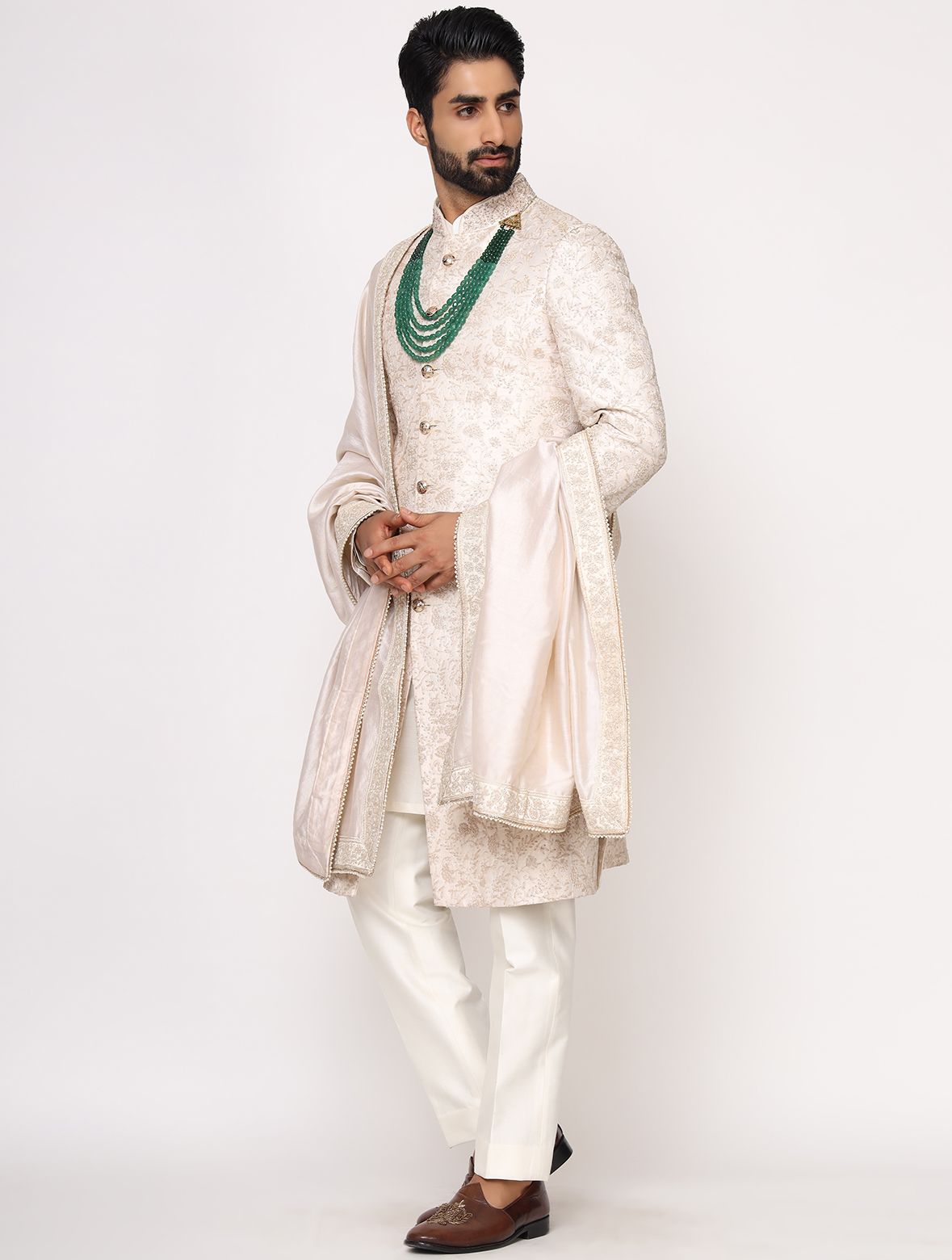 Light Gold Pure Raw Silk Dori Work Designer Sherwani Set