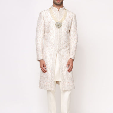 Ivory Pure Row Silk Hand Embroidered Designer Sherwani Set
