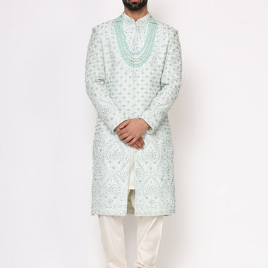 Mint Green Pure Raw Silk Hand Embroidered Designer Sherwani Set