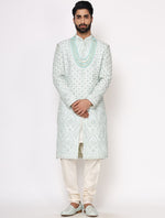 Mint Green Pure Raw Silk Hand Embroidered Designer Sherwani Set