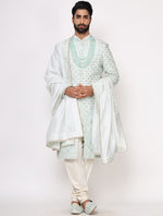Mint Green Pure Raw Silk Hand Embroidered Designer Sherwani Set