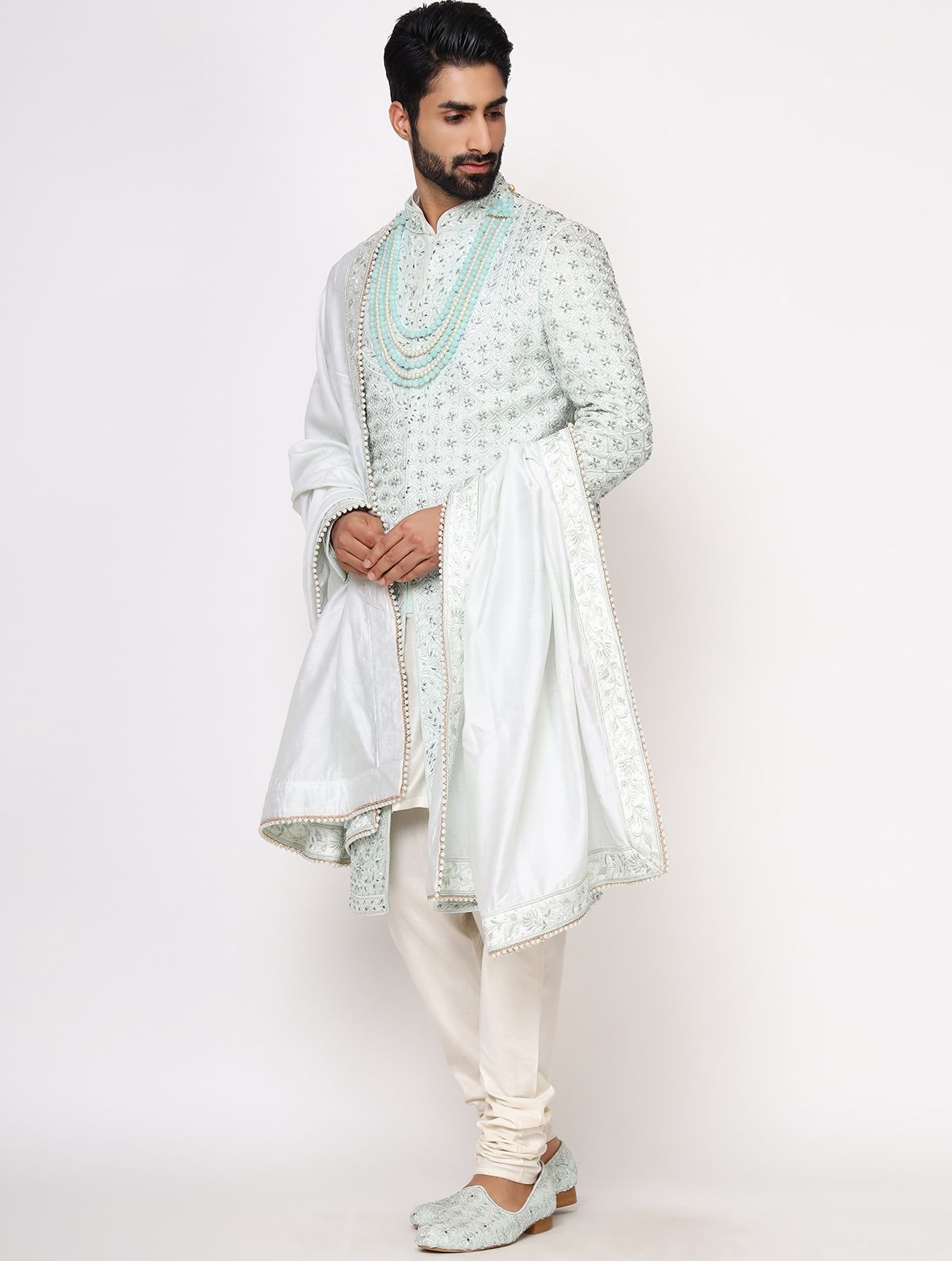 Mint Green Pure Raw Silk Hand Embroidered Designer Sherwani Set