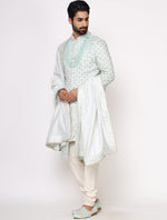 Mint Green Pure Raw Silk Hand Embroidered Designer Sherwani Set