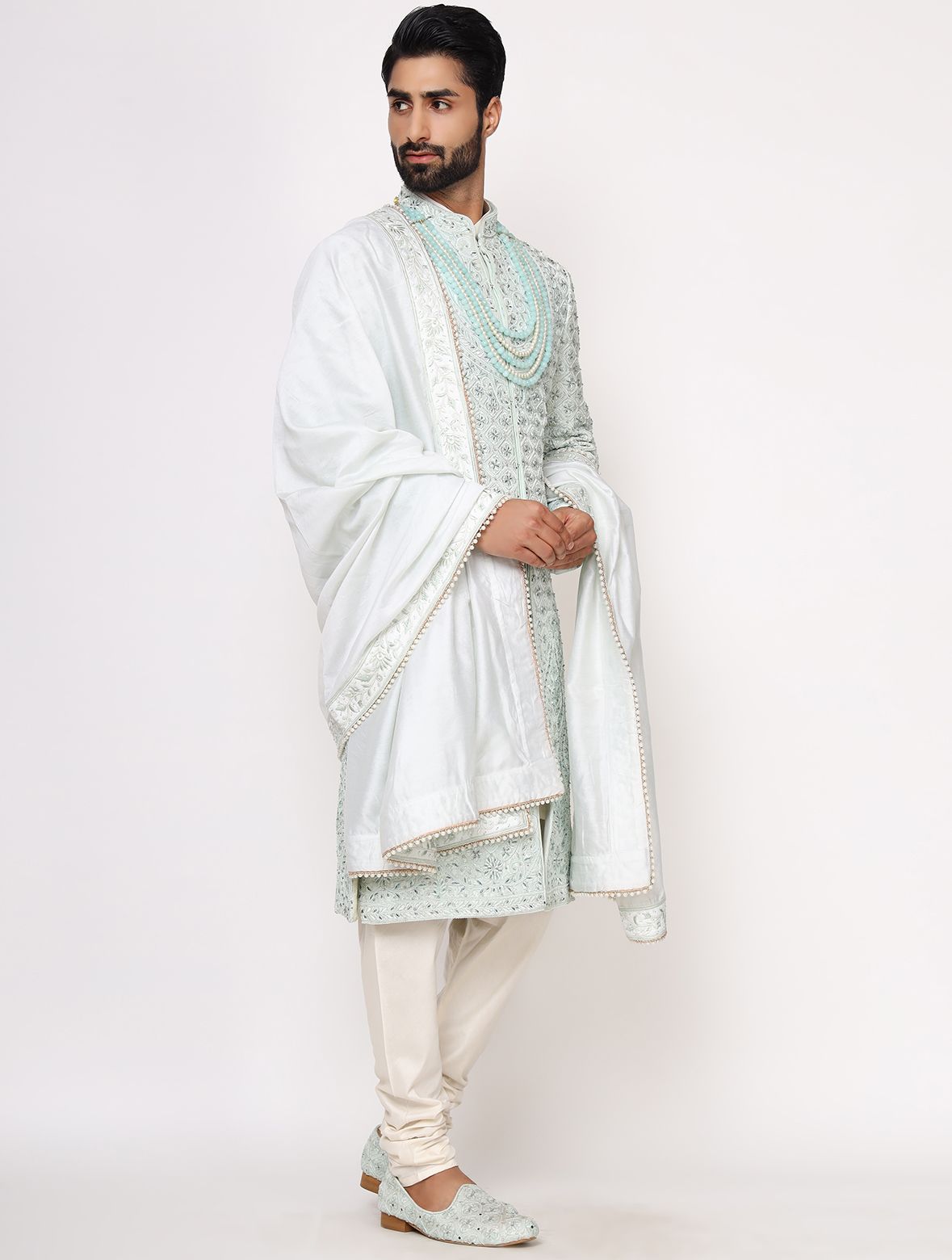 Mint Green Pure Raw Silk Hand Embroidered Designer Sherwani Set
